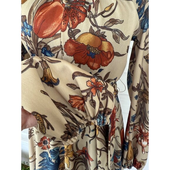 Vintage 70's Sears MOD Big Floral Belted Dress Beige Blue Size 10 - Picture 12 of 12